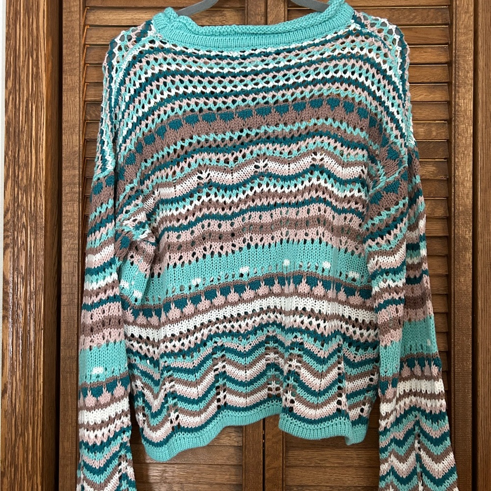 Davi & Dani Teal And Brown Knit Sweater View 3